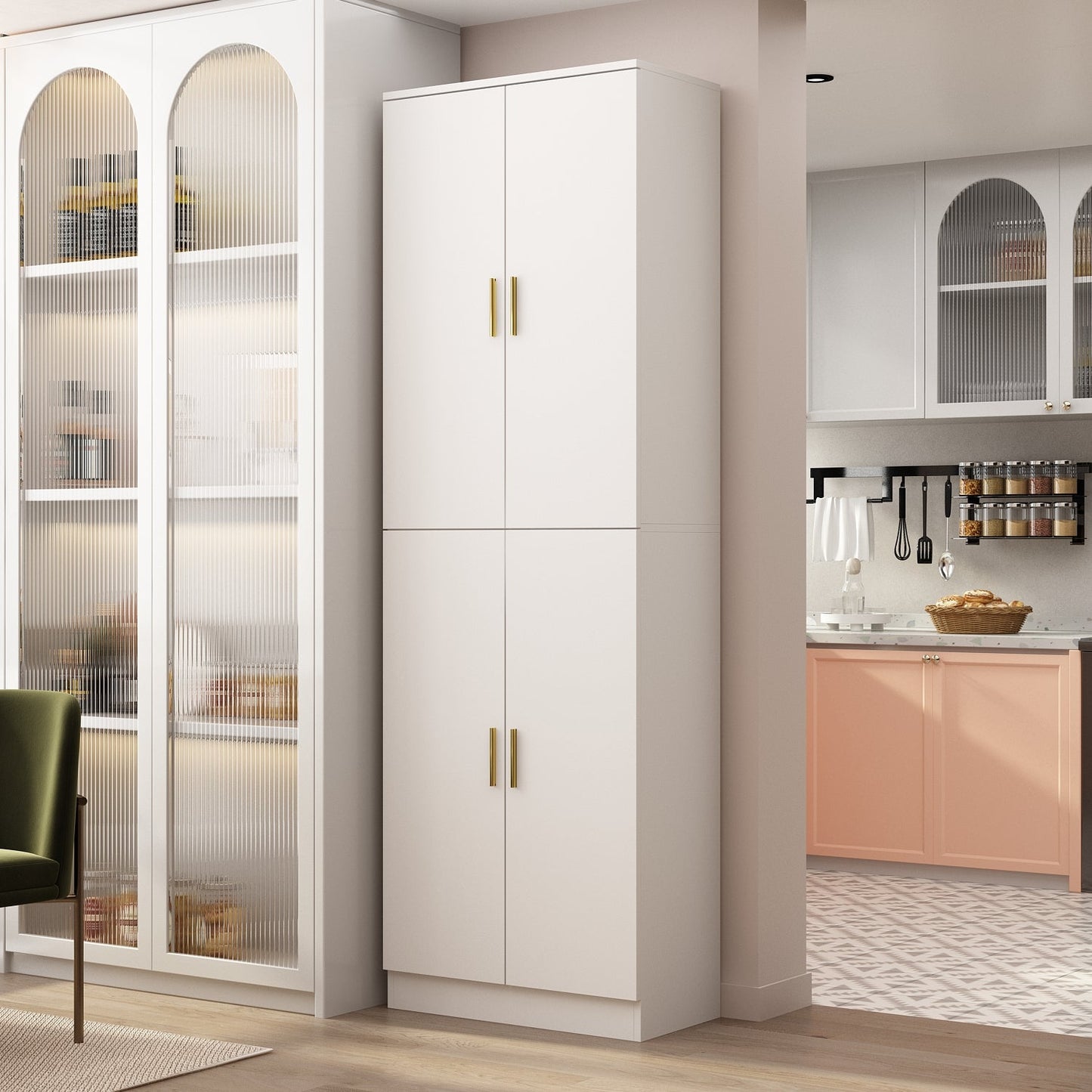 Armoire de rangement blanche à 6 étagères, compartiments réglables et étagère haute