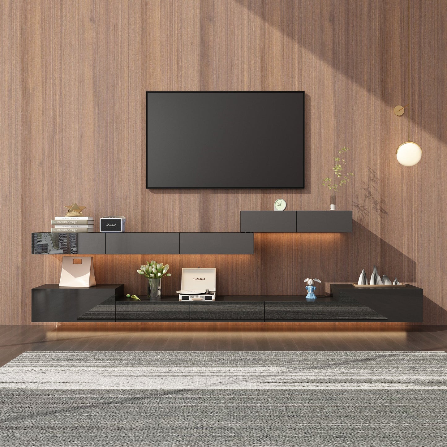 Meuble TV 2 pièces laqué brillant avec éclairage