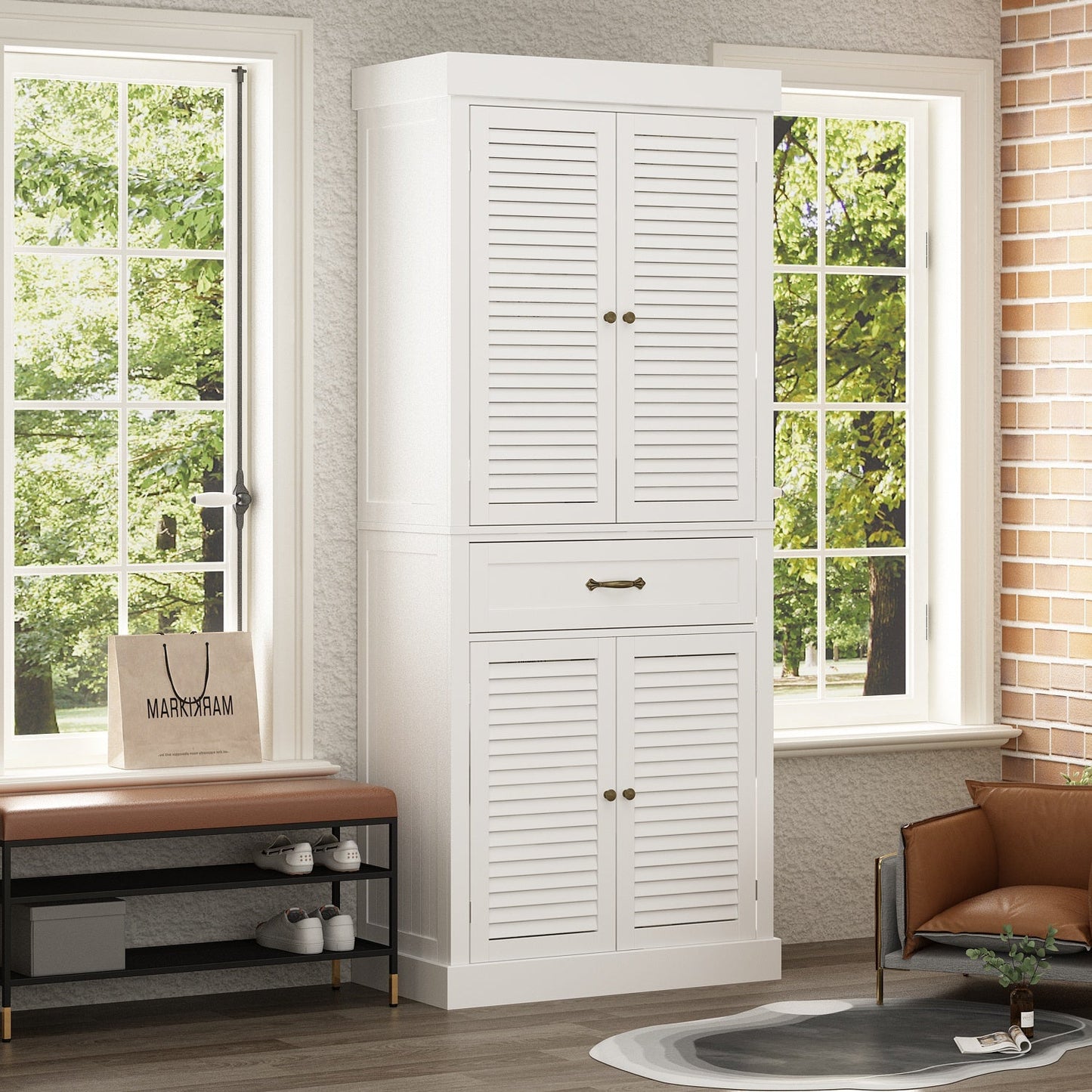 Armoire de rangement haute avec étagère réglable à 6 niveaux et tiroirs 