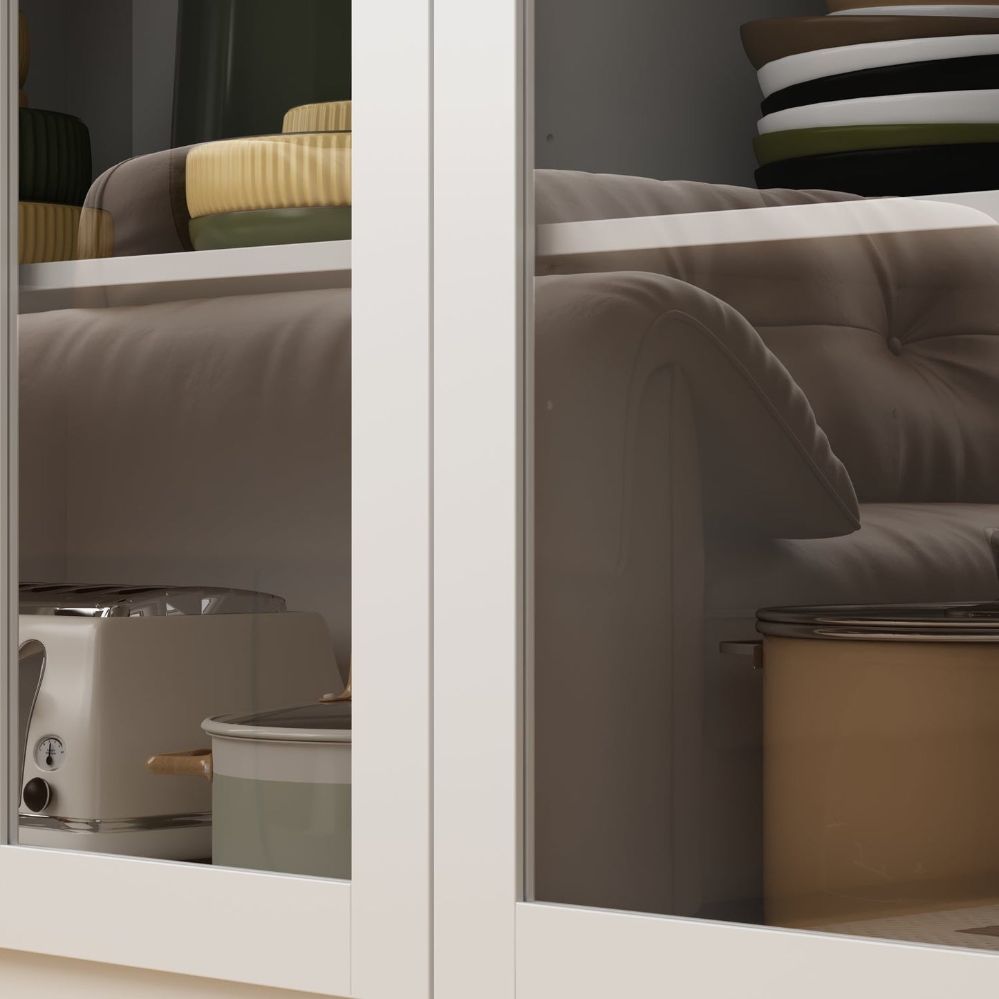 Bibliothèque haute à 6 portes vitrées et poignées coniques dorées