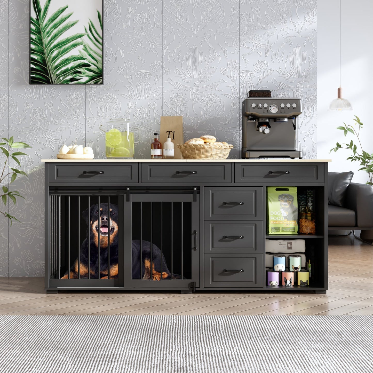 Cage pour chien à 6 tiroirs et 2 compartiments avec porte de style grange