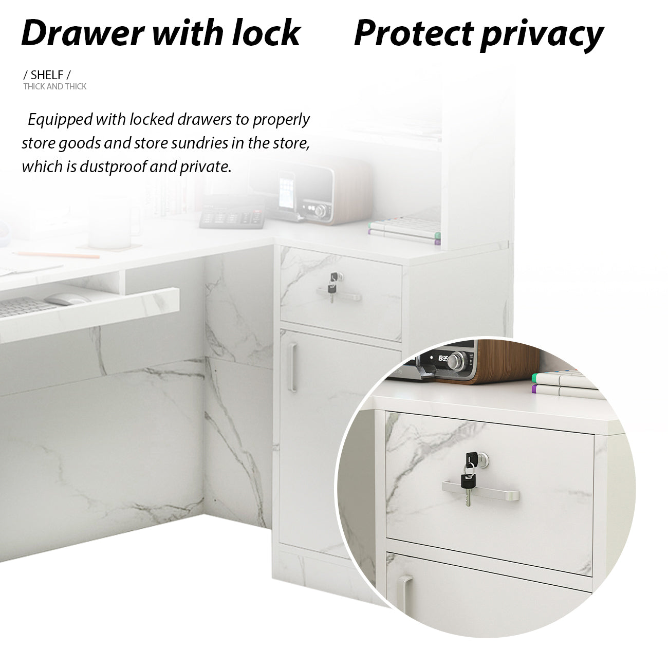 Bureau d'accueil en forme de L avec grands classeurs de rangement 