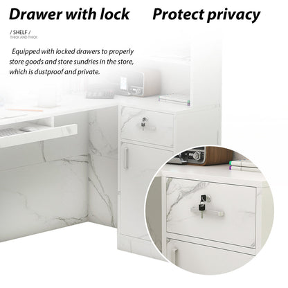 Bureau d'accueil en forme de L avec grands classeurs de rangement 