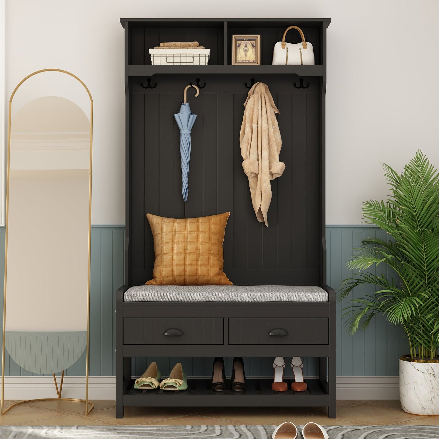 Meuble d'entrée moderne 4 en 1 avec banc de rangement, porte-manteau, étagères et tiroirs pour entrée ou salon