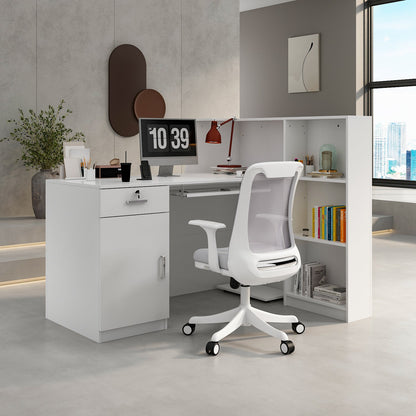 Bureau d'accueil avec comptoir, tiroir verrouillable et étagère