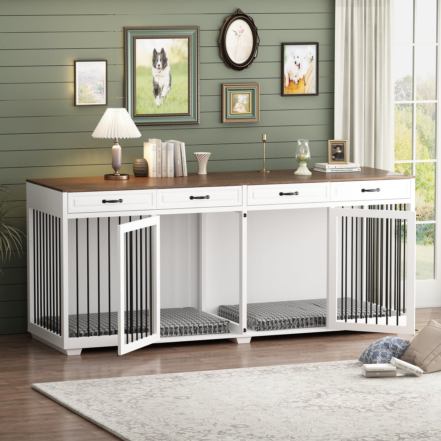 Meuble pour grande cage de chien avec séparateurs et 4 tiroirs