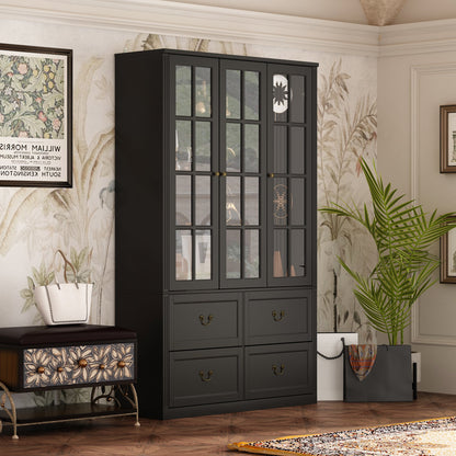 Grande bibliothèque vitrine avec étagères de rangement, 3 portes vitrées et 4 tiroirs avec poignées en métal