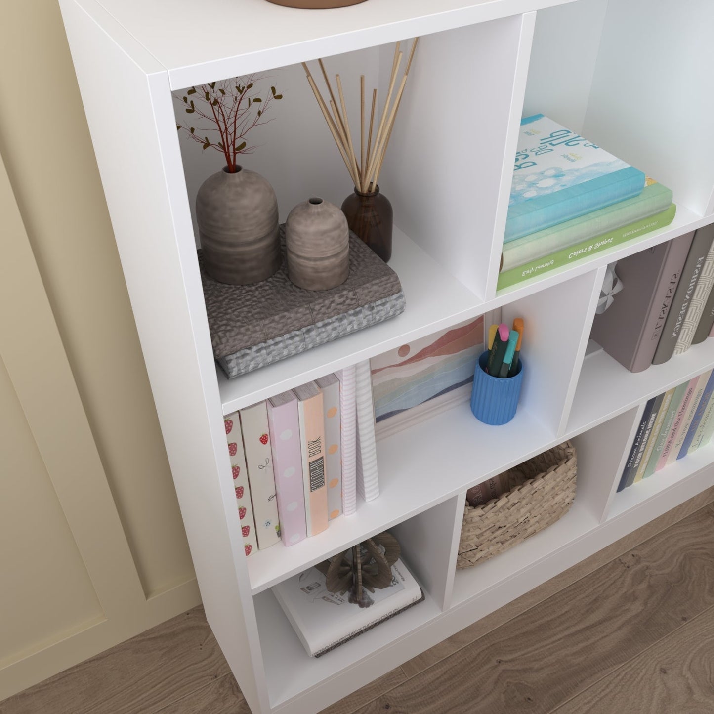 Meuble d'entrée, bibliothèque large pour enfants avec plusieurs compartiments et étagère à 3 niveaux 