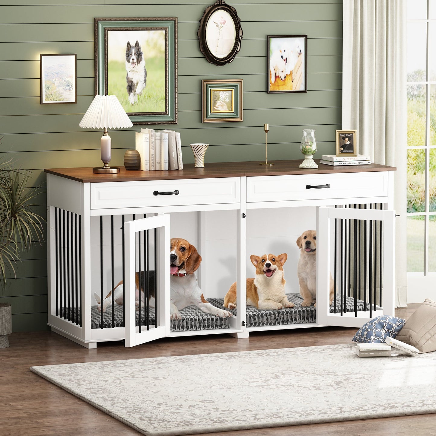 Grande cage en bois pour chien avec séparateur et table d'appoint