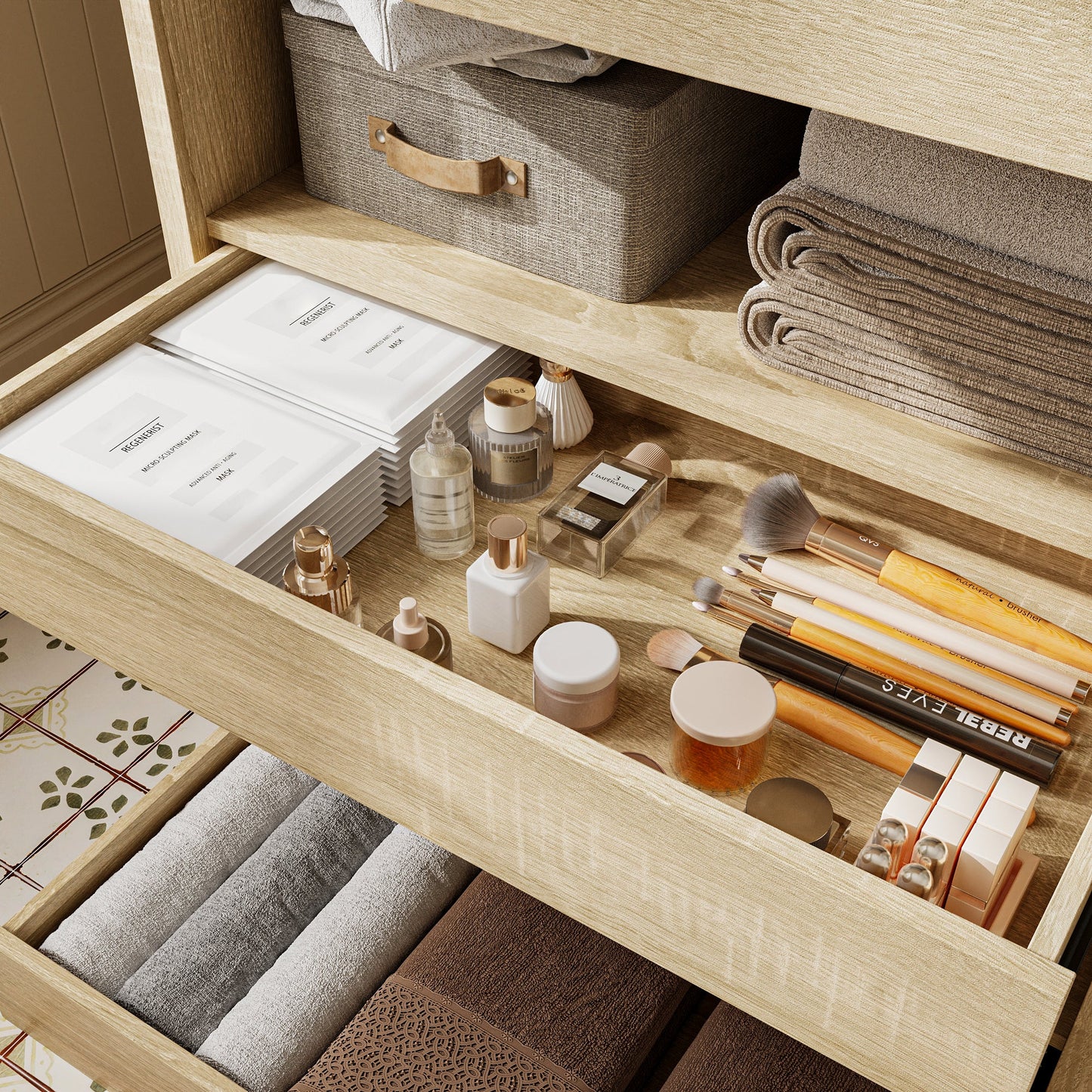 Armoire à linge de salle de bain élégante avec tiroirs dissimulés et étagères ouvertes