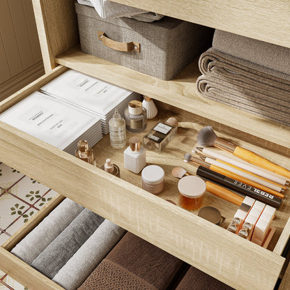 Armoire à linge de salle de bain élégante avec tiroirs dissimulés et étagères ouvertes