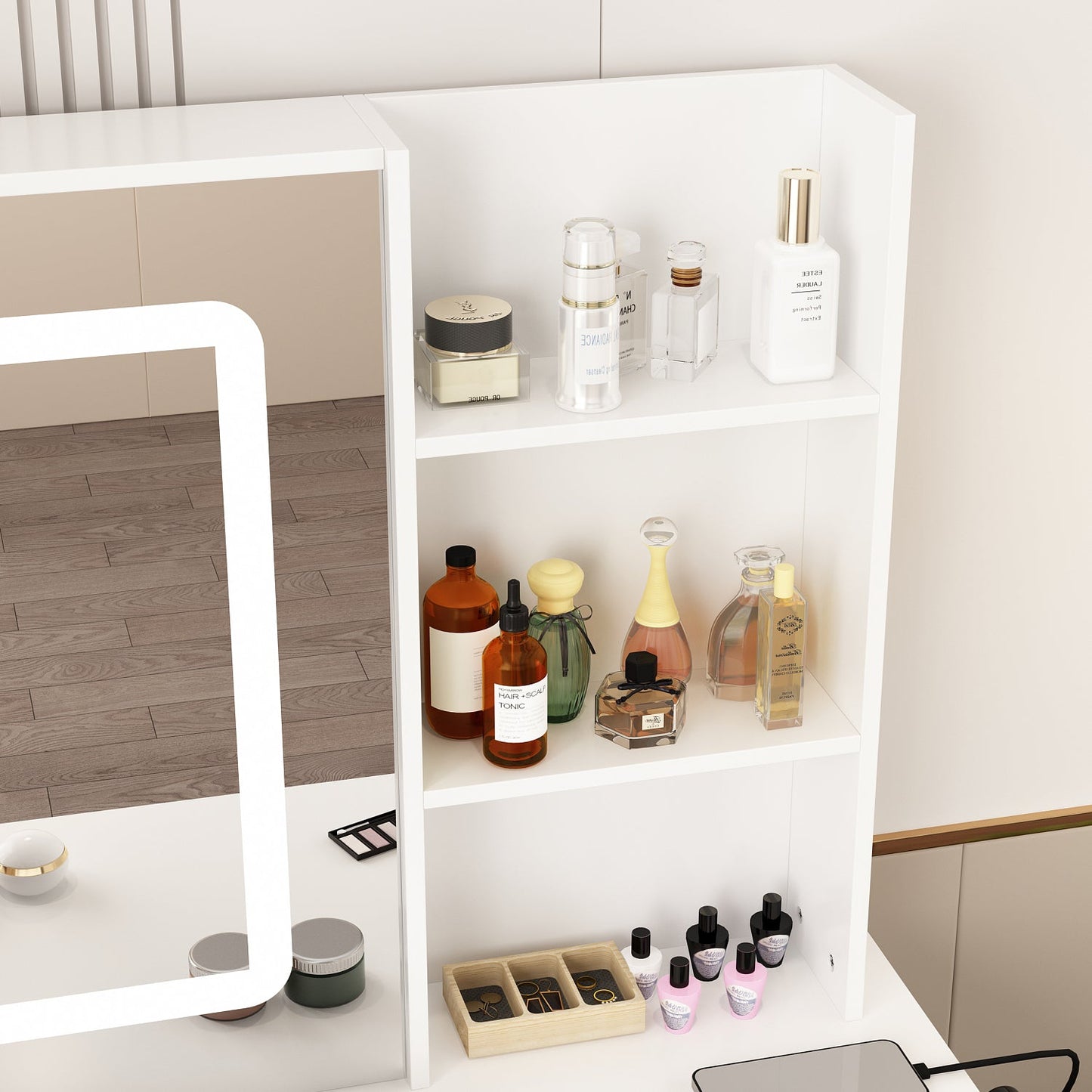 Coiffeuse avec miroir lumineux et prise électrique 