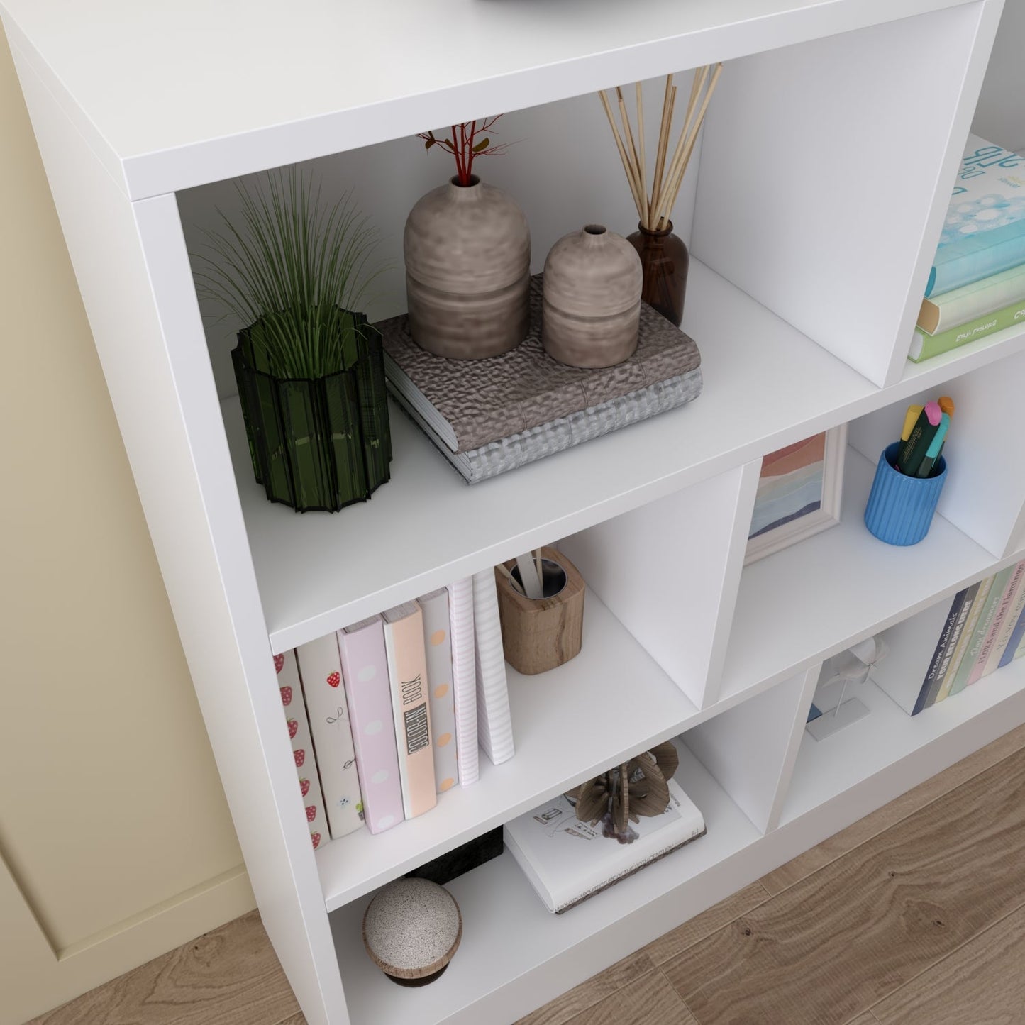 Meuble d'entrée, bibliothèque large pour enfants avec plusieurs compartiments et étagère à 3 niveaux 