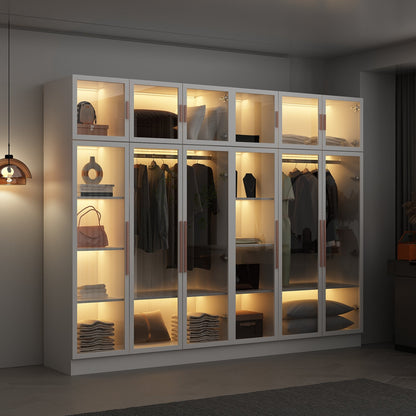 Grande armoire de chambre à coucher avec rangement pour vêtements, éclairage LED et portes vitrées