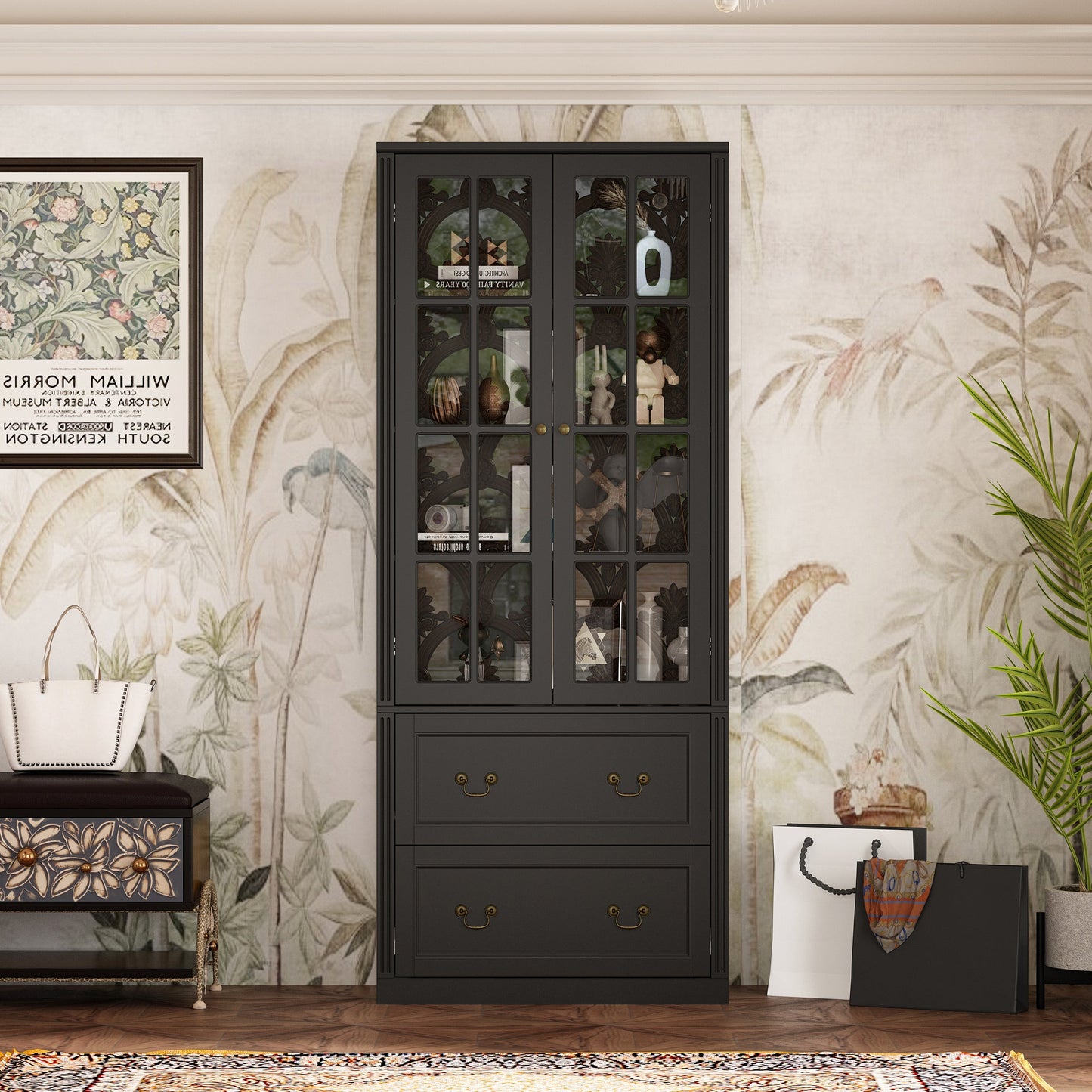 Bibliothèque vitrine avec 2 tiroirs et portes vitrées