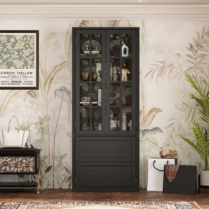 Bibliothèque vitrine avec 2 tiroirs et portes vitrées