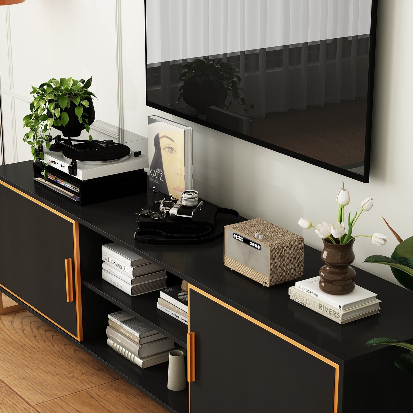 Meuble TV et centre multimédia à 2 portes de 70,9 pouces de large avec 2 étagères ouvertes