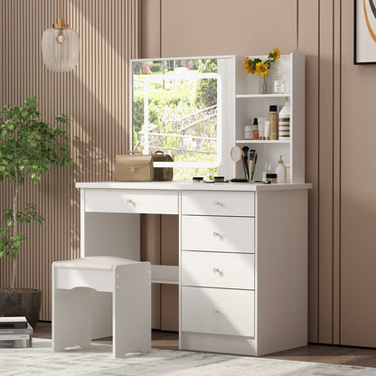 Ensemble coiffeuse avec miroir coulissant éclairé, tabouret rembourré, 5 tiroirs et étagères