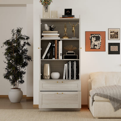 Bibliothèque modulaire à 4 tiroirs avec portes en verre dépoli, 71 po H x 126 po L