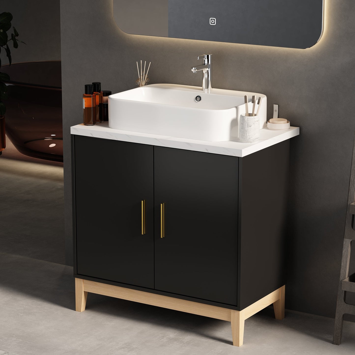 Meuble-lavabo simple sur pied avec plateau en bois composite