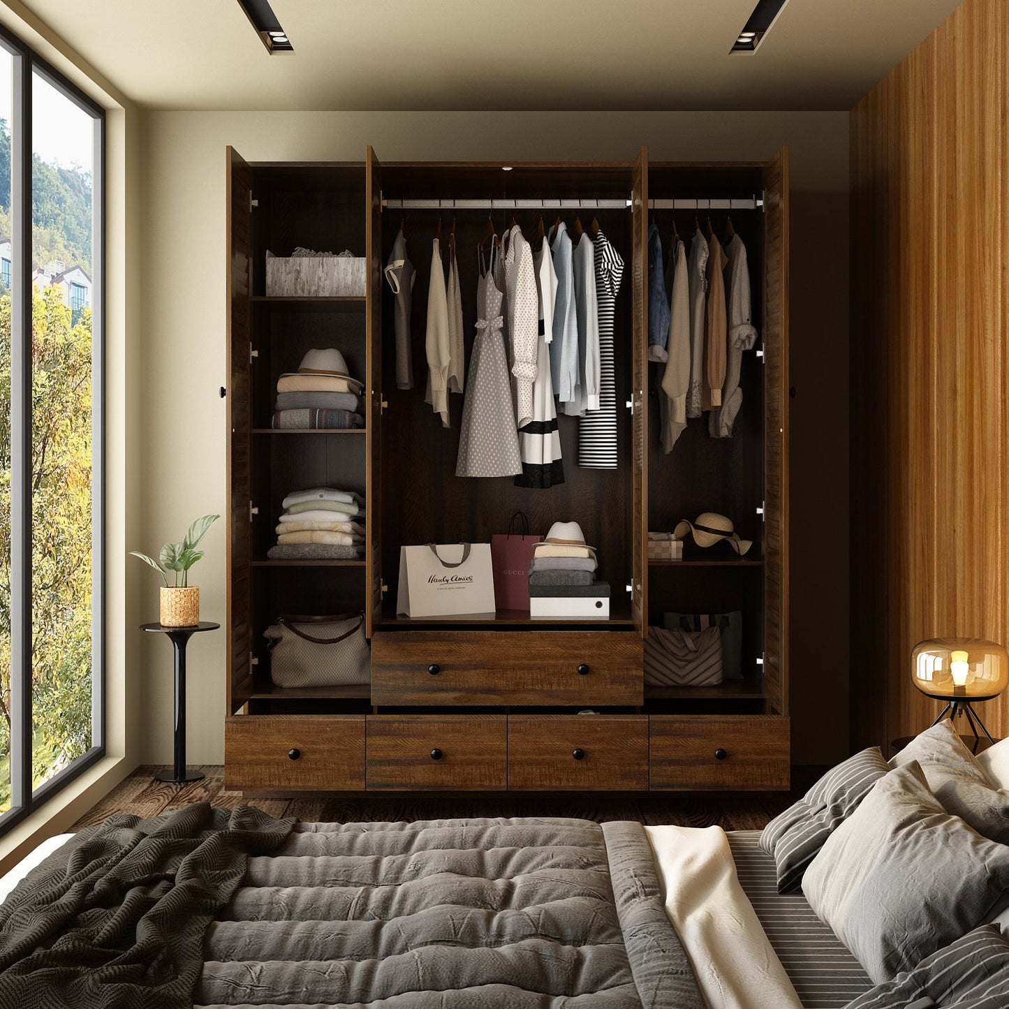 Grande armoire-penderie pour chambre à coucher, meuble de rangement à 4 portes et 5 tiroirs