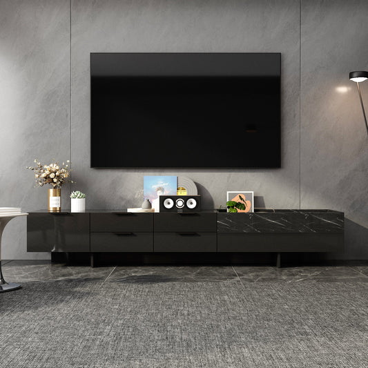 Meuble TV/centre multimédia de 200 cm de large avec 5 tiroirs, finition brillante et design effet pierre, et rangement intégré.