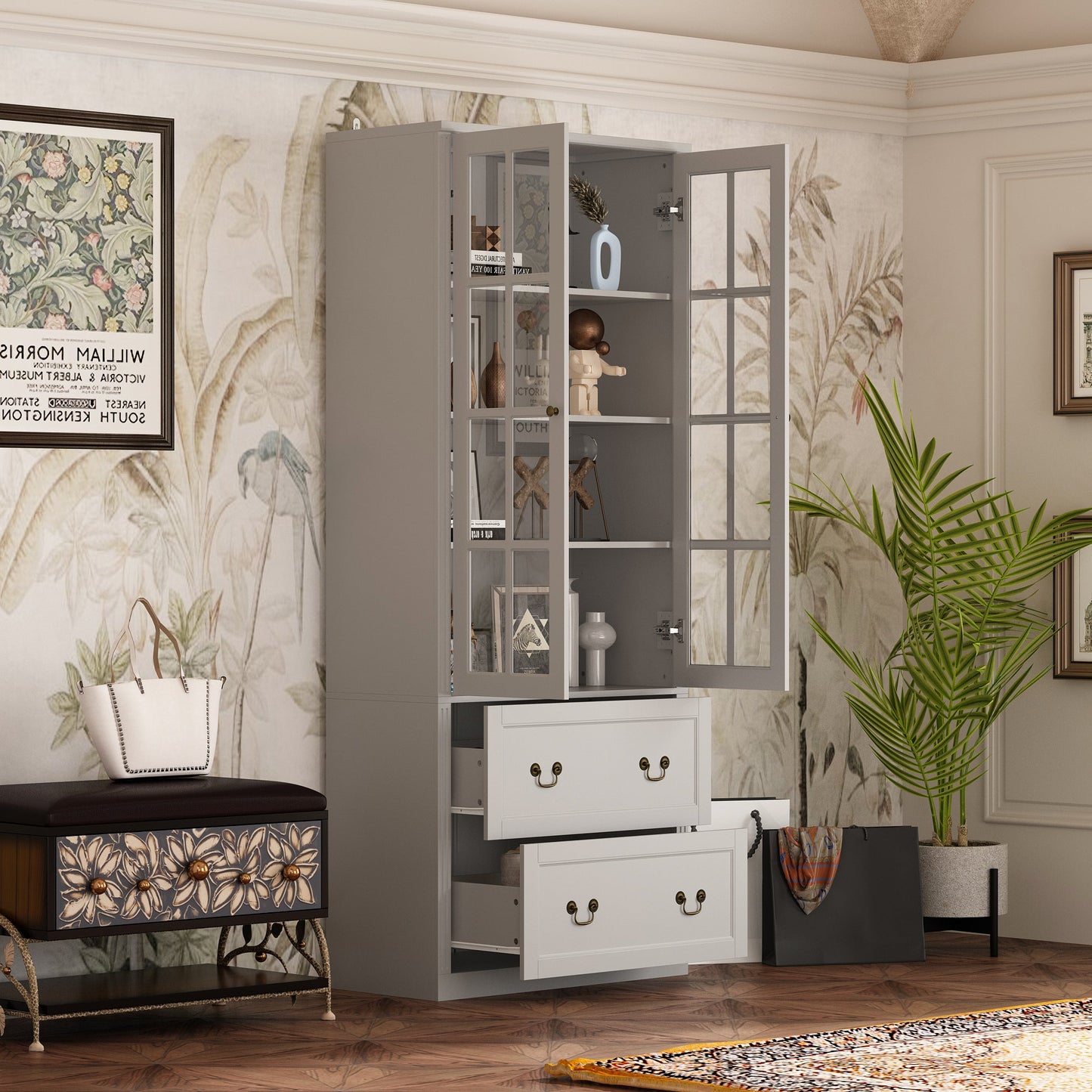 Bibliothèque vitrine avec 2 tiroirs et portes vitrées