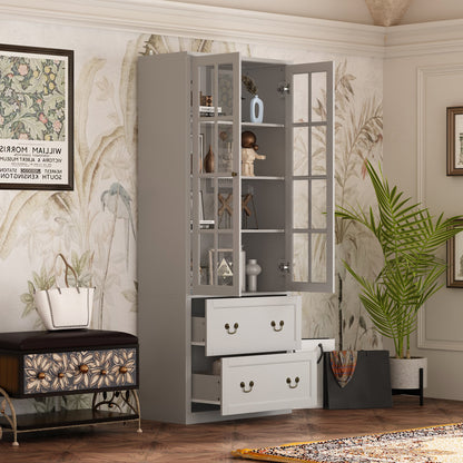 Bibliothèque vitrine avec 2 tiroirs et portes vitrées