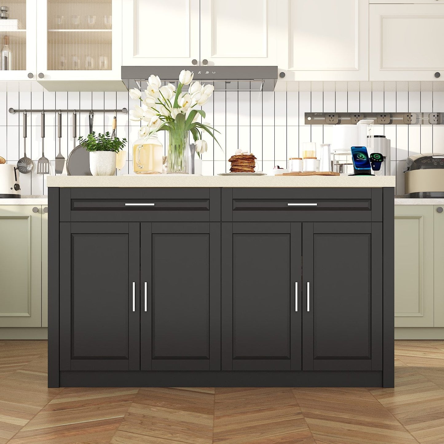 Îlot de cuisine de 61 po de largeur avec 2 tiroirs et 4 portes