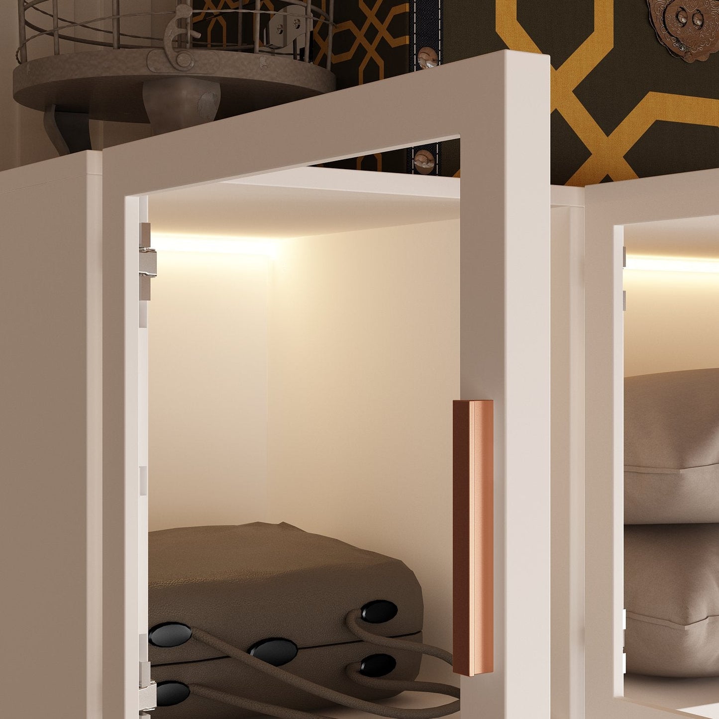 Grande armoire de chambre à coucher avec rangement pour vêtements, éclairage LED et portes vitrées