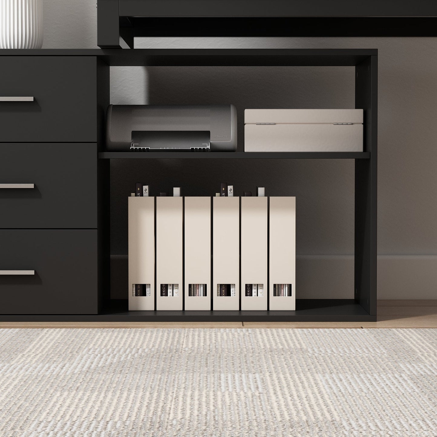 Bureau d'angle en L de 55 pouces avec étagères et tiroirs 