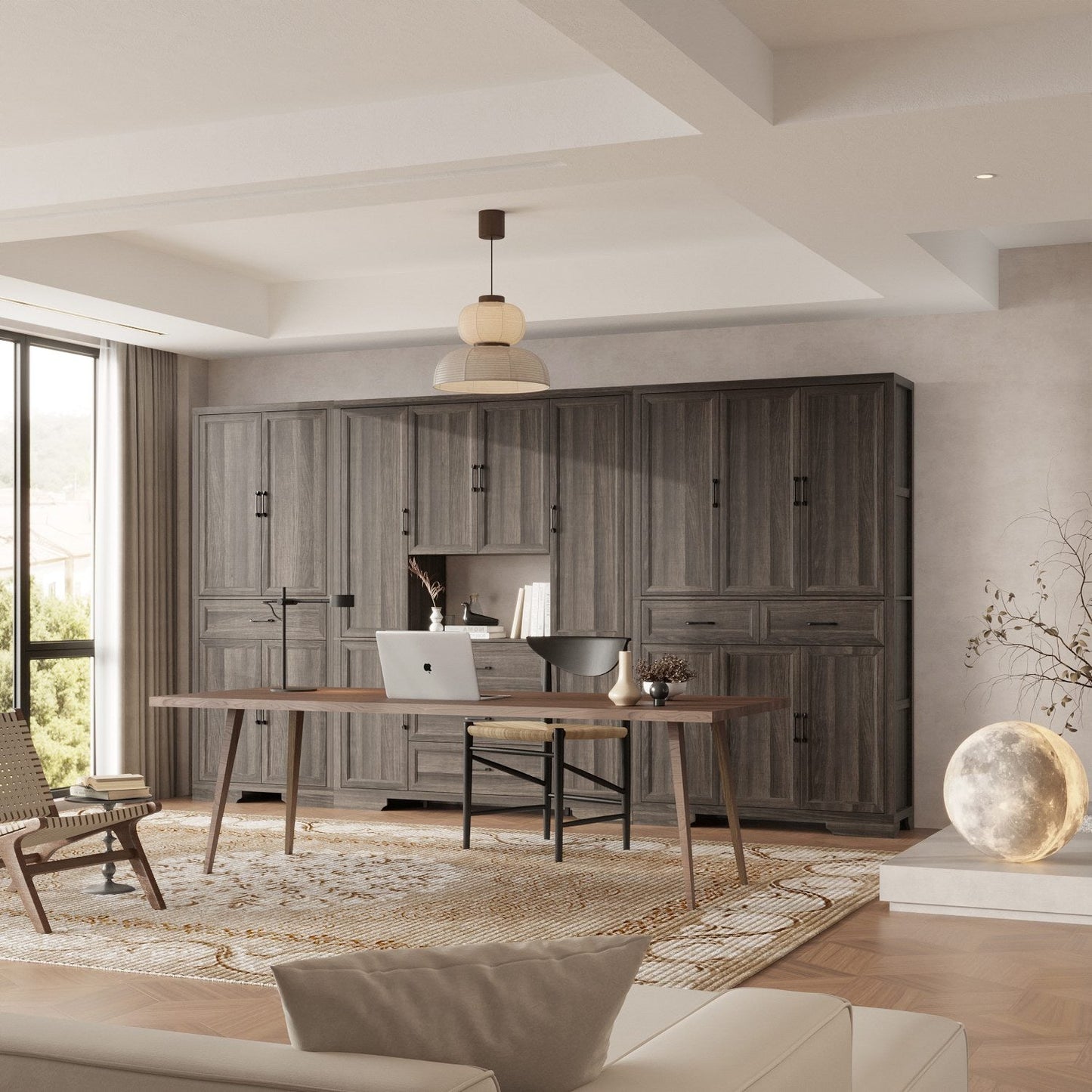 Meuble de rangement modulaire élégant : design épuré et combinaison de compartiments ouverts et fermés.