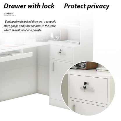 Bureau d'accueil en forme de L avec grands classeurs de rangement 