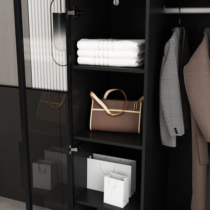 Armoire noire élégante avec éclairage LED et portes en verre trempé