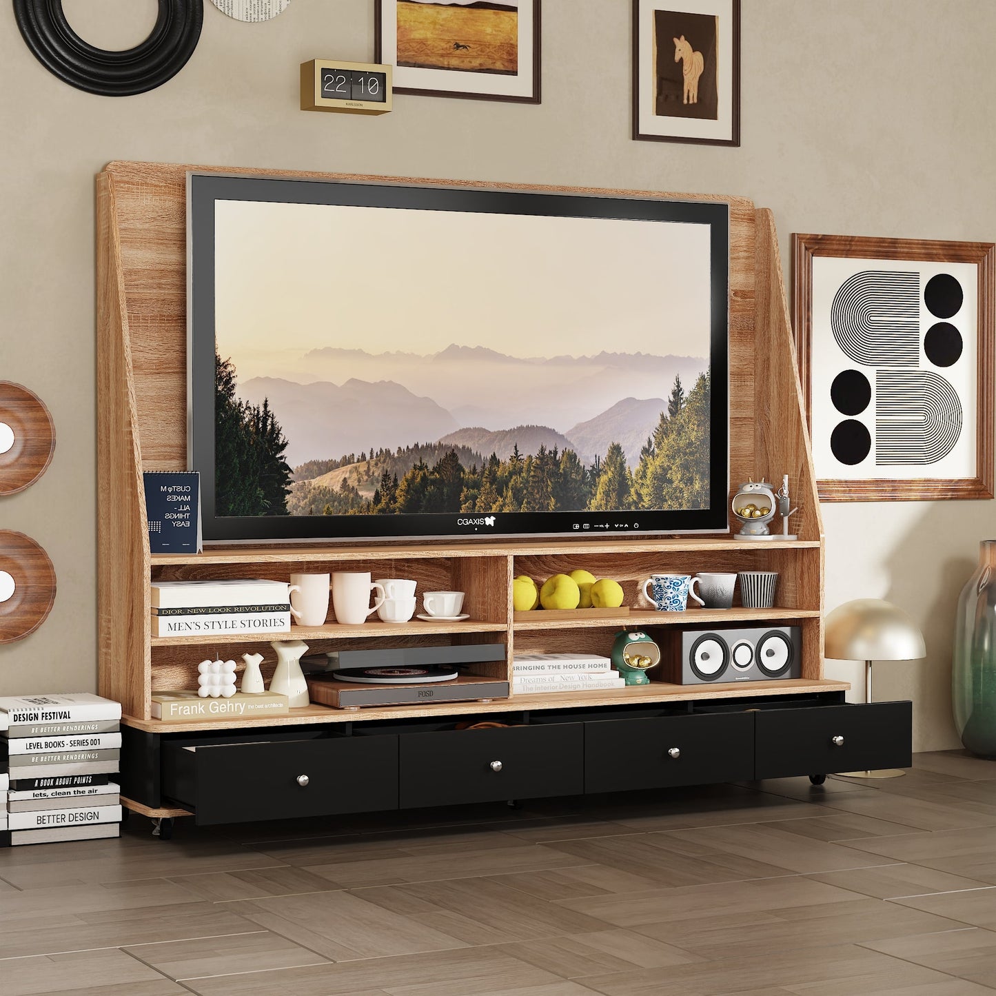 Meuble TV/console multimédia de 70 pouces de large à 4 tiroirs avec support TV et 6 roues