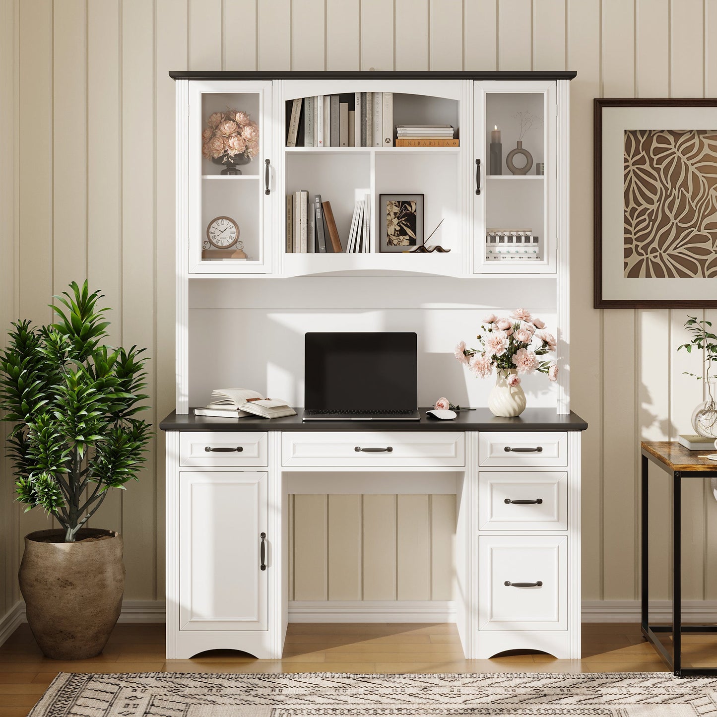 Bureau d'ordinateur à 6 tiroirs avec étagère et prise, 78,7 cm de hauteur x 58 cm de largeur