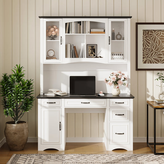 Bureau d'ordinateur à 6 tiroirs avec étagère et prise, 78,7 cm de hauteur x 58 cm de largeur