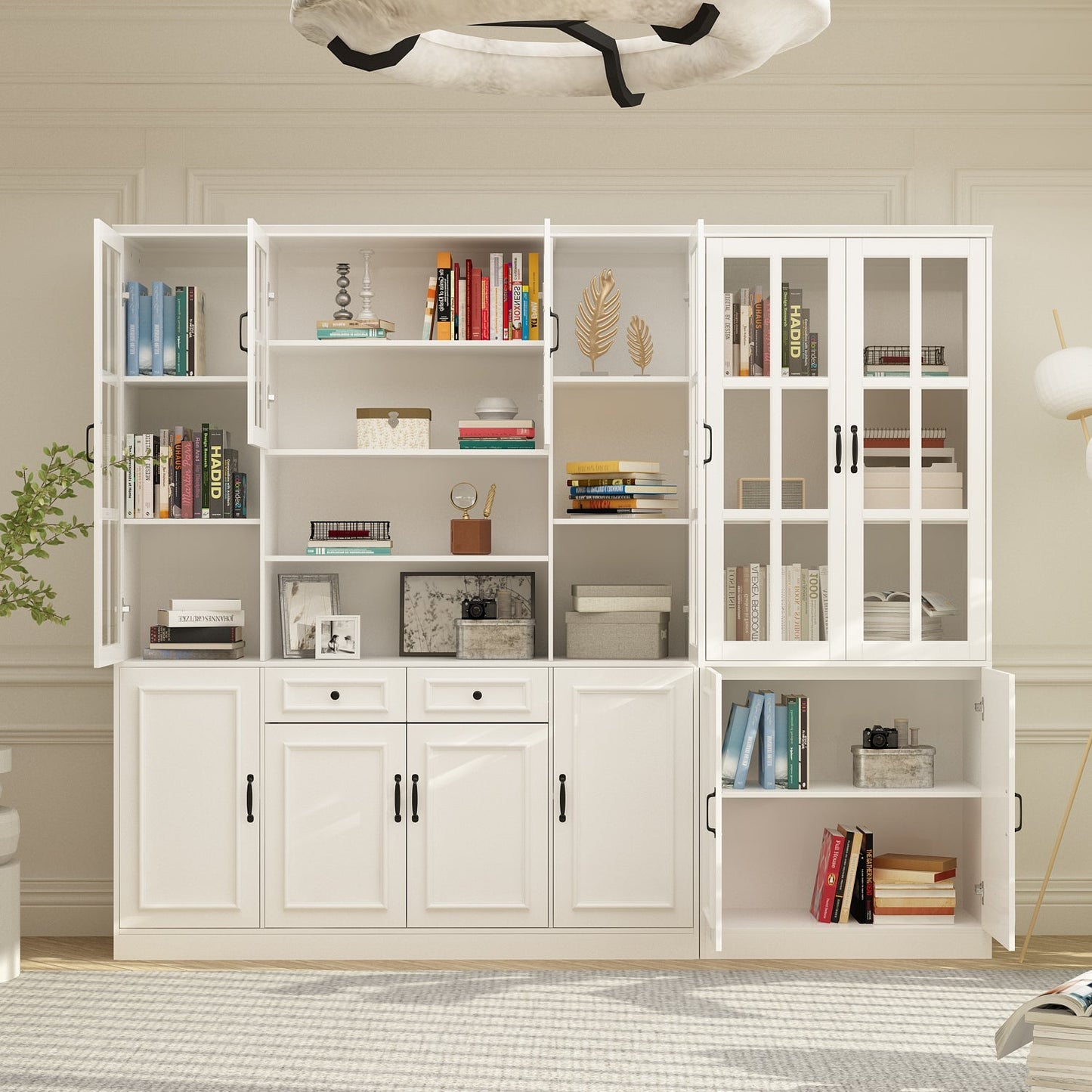 Vitrine d'angle avec étagère de rangement et bibliothèque, combinant 4 portes vitrées et 2 tiroirs