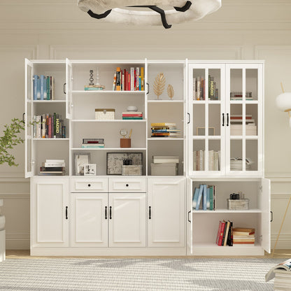 Vitrine d'angle avec étagère de rangement et bibliothèque, combinant 4 portes vitrées et 2 tiroirs