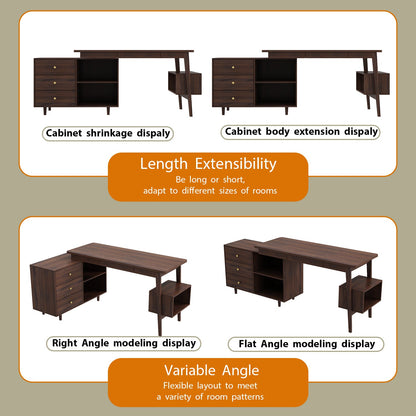 Bureau d'ordinateur en forme de L pour bureau à domicile, bureau moderne avec 3 tiroirs et pieds en bois