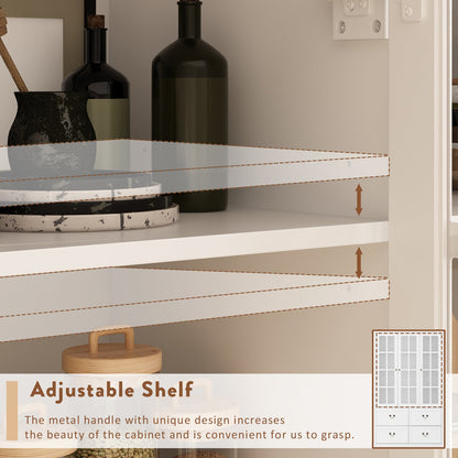 Grande bibliothèque vitrine avec étagères de rangement, 3 portes vitrées et 4 tiroirs avec poignées en métal