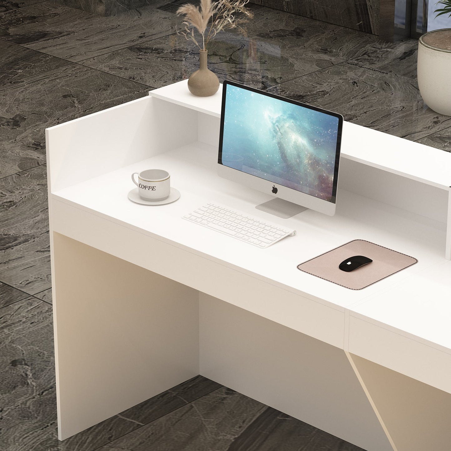 Bureau d'accueil rectangulaire en bois massif et composite