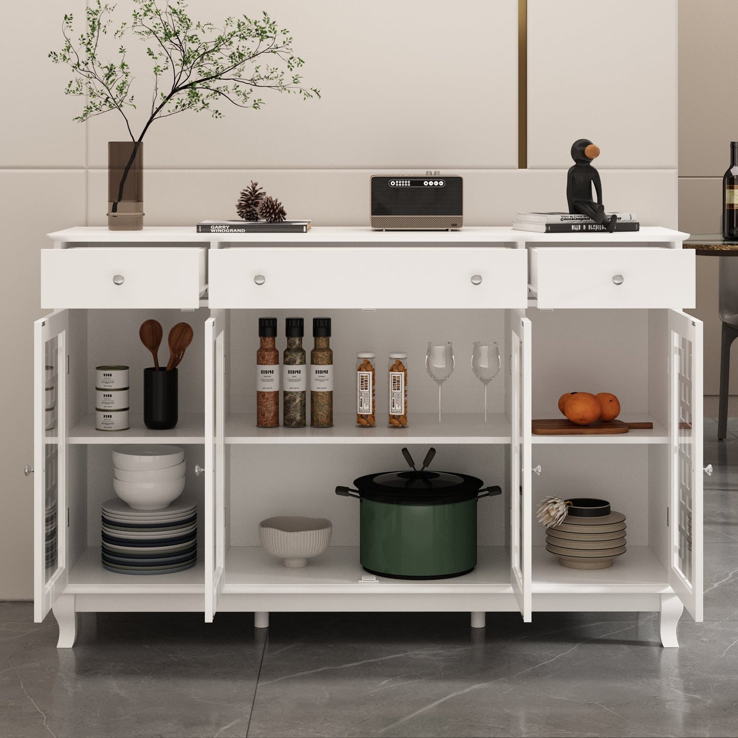 Buffet de cuisine avec portes vitrées, 3 tiroirs et 6 compartiments de rangement