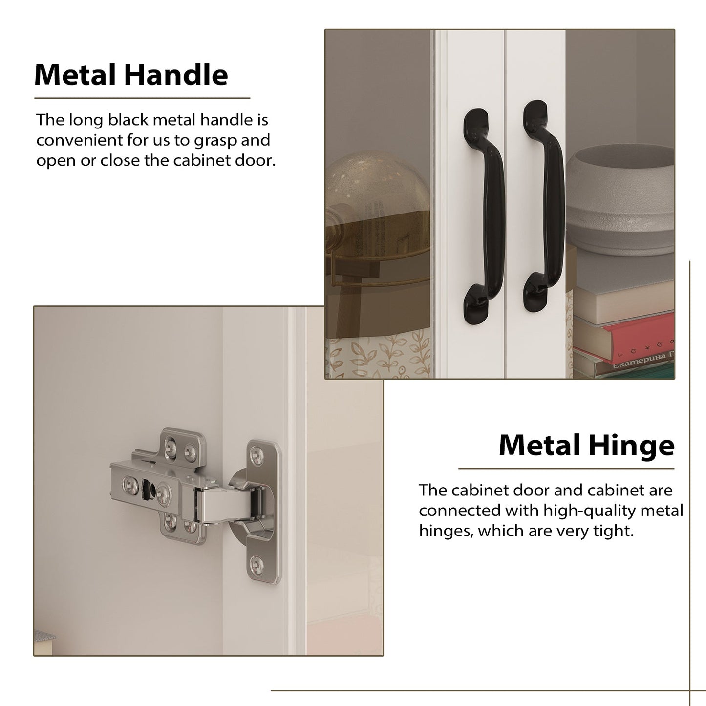 Vitrine d'angle avec étagère de rangement et bibliothèque, combinant 4 portes vitrées et 2 tiroirs