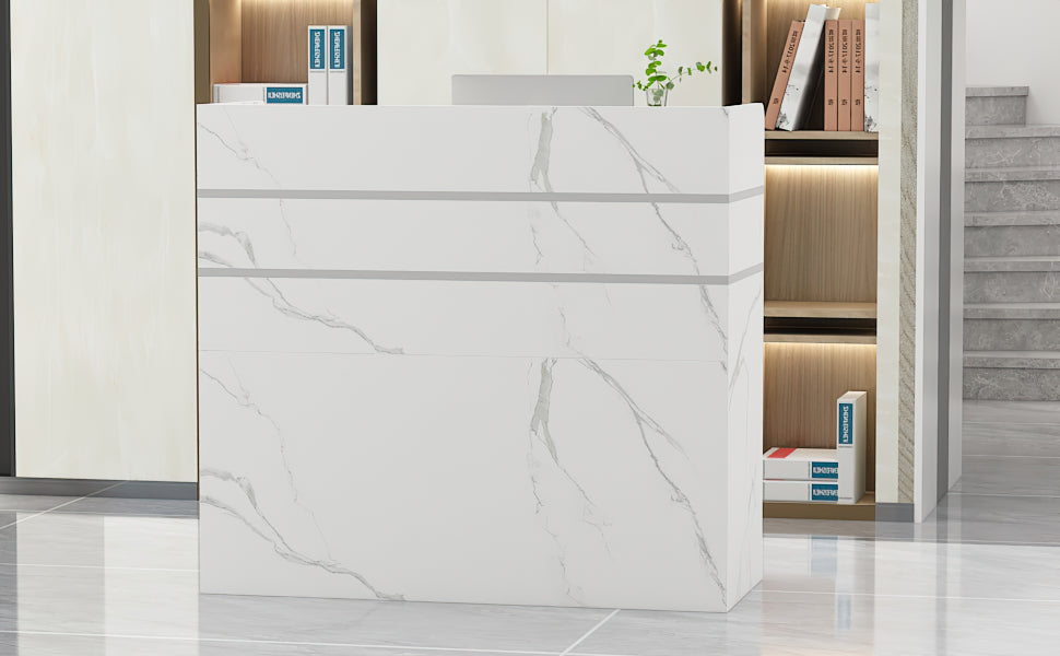 Bureau d'accueil moderne en bois avec armoire de rangement verrouillable, 47 pouces de large. 