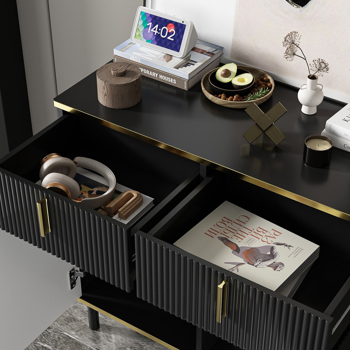 Buffet large noir avec tiroir et portes escamotables