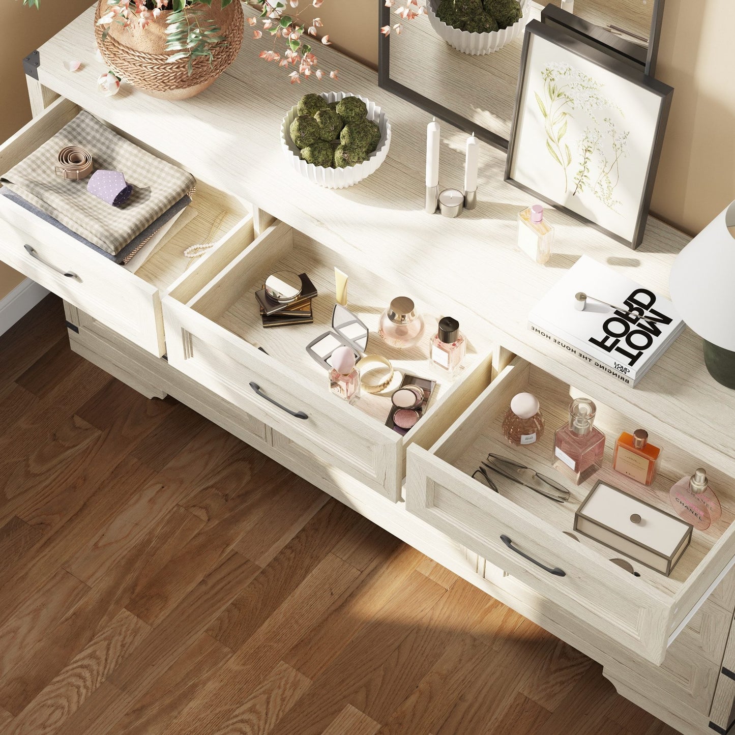 Commode rustique en bois de style campagnard, 12 tiroirs, 175,5 cm de large