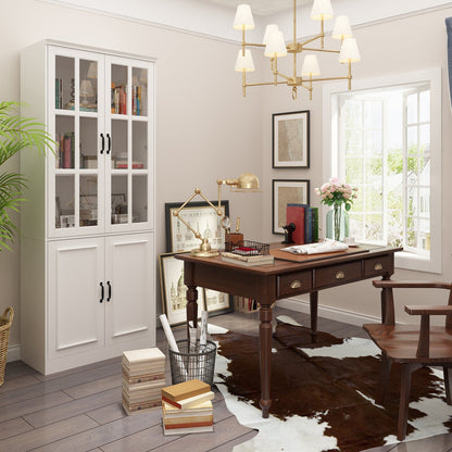 Vitrine d'angle avec étagère de rangement et bibliothèque, combinant 4 portes vitrées et 2 tiroirs