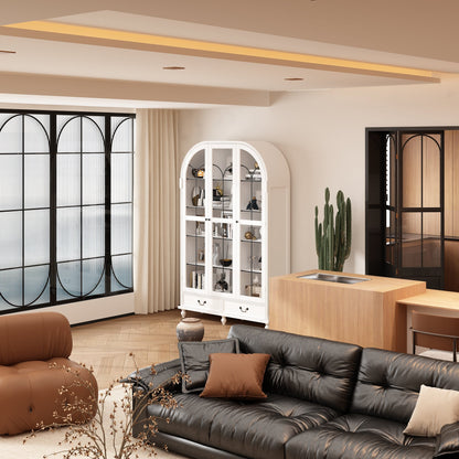 Bibliothèque blanche cintrée à 5 niveaux avec portes et tiroirs en verre, 77 po H x 50 po L