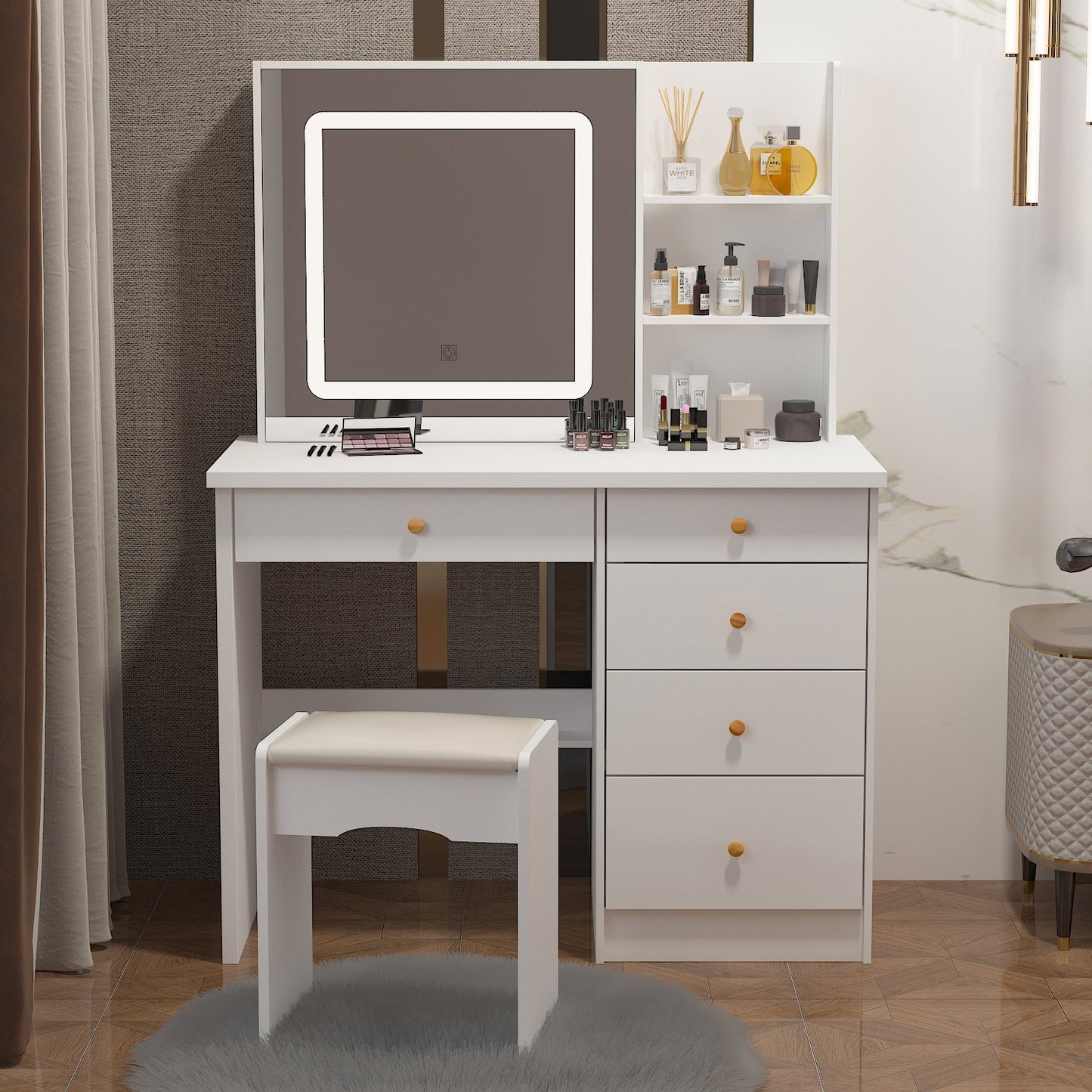 Ensemble coiffeuse avec miroir coulissant éclairé, tabouret rembourré, 5 tiroirs et étagères